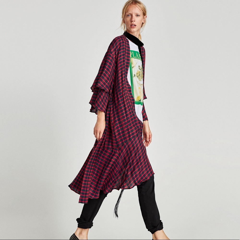 Zara Checked kimono with ruffled sleeves XS/S